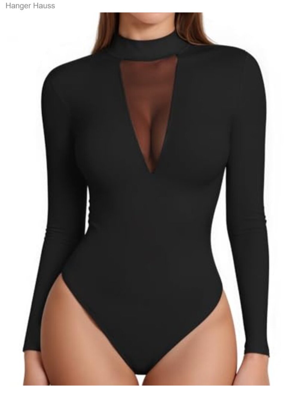 Long Sleeve Bodysuit Mock Neck Mesh Deep V Top Snap Closure